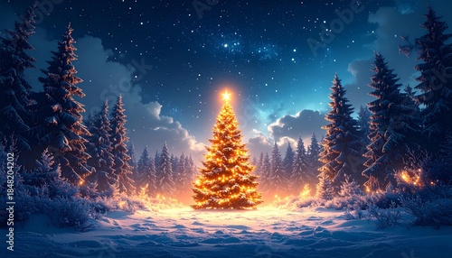 Magical Christmas Tree in Snowy Winter Forest at Night