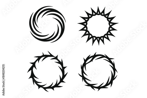Four abstract circular tribal border designs with spiky and swirling patterns