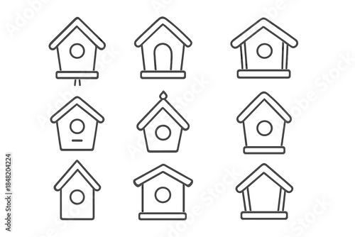 Set of simple line art icons for birdhouses and bird feeders