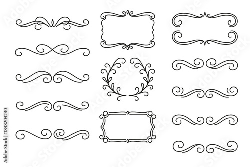Collection of black and white hand drawn decorative flourishes and frames