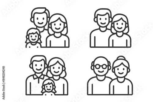 Simple line icons illustrating diverse family structures and generations