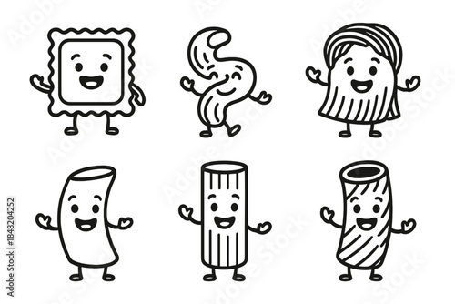 Six cheerful cartoon pasta shapes with happy faces and limbs