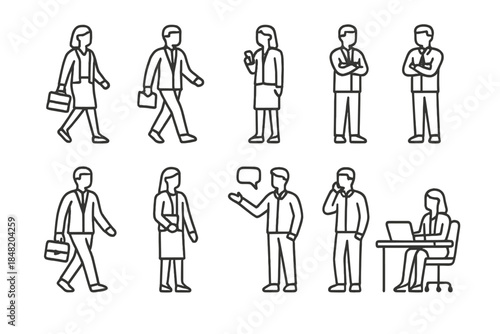 Diverse business professionals performing various activities and poses in icon