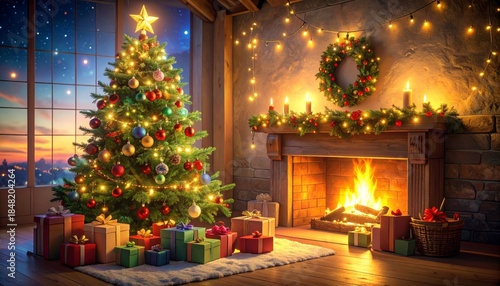 Warm Christmas Eve Interior with Fireplace and Tree
