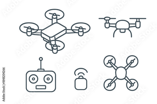 Drone and remote control line icons for aerial technology concepts