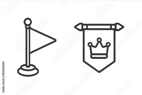 Simple outline icons of flag and royal banner with crown symbol