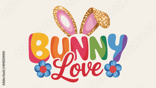 Colorful Easter bunny love illustration with floral accents