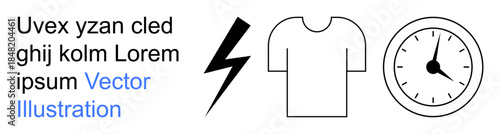 Branding, time management, product design, visual elements, simple illustrations, creative ideas. Lightning bolt, t-shirt and clock icons in clear black outlines. Branding and time management tools
