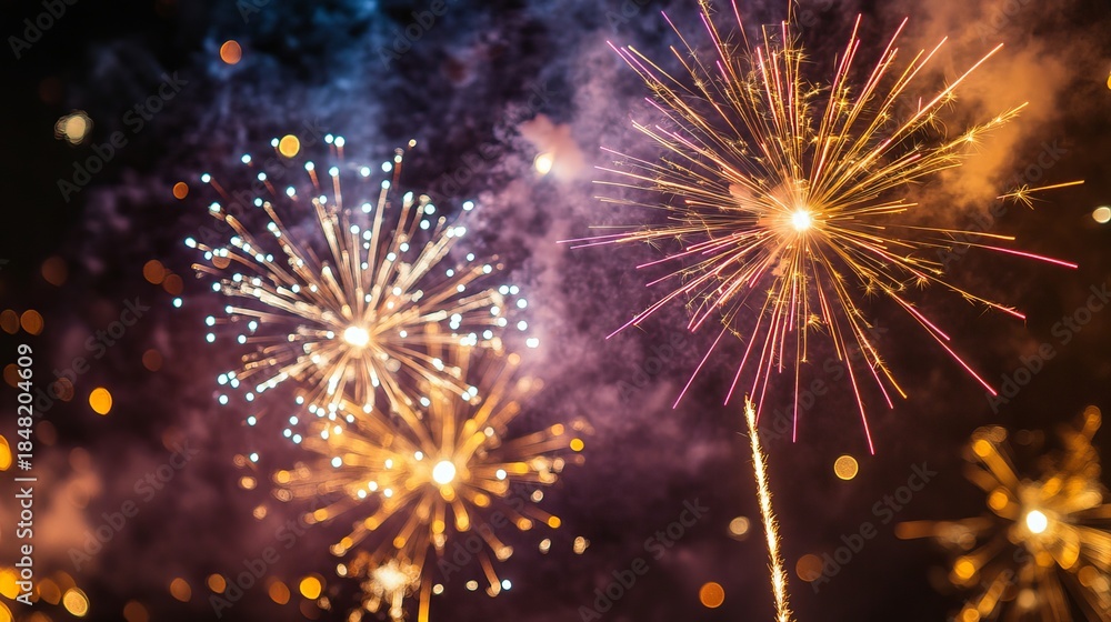 Fototapeta premium Vibrant Fireworks Display with Sparkling Gold, Purple, and White Explosions