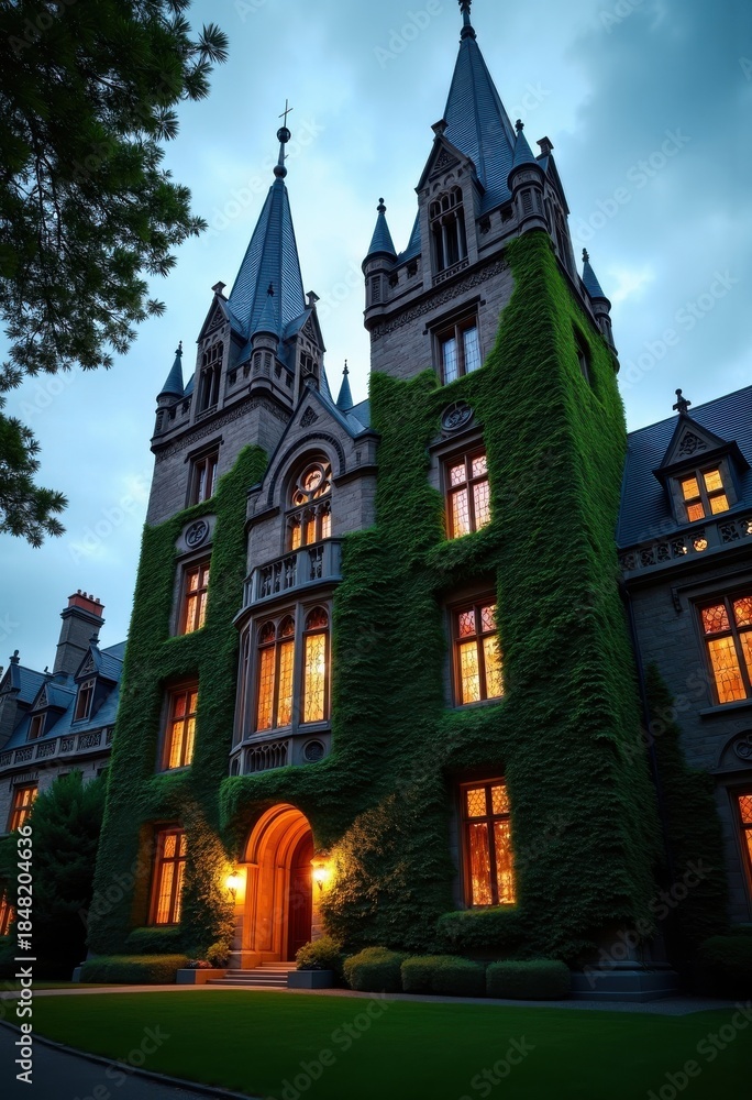 Obraz premium Neogothic Ivy-Covered University Building Majestic Towers Lush Greenery Timeless Design