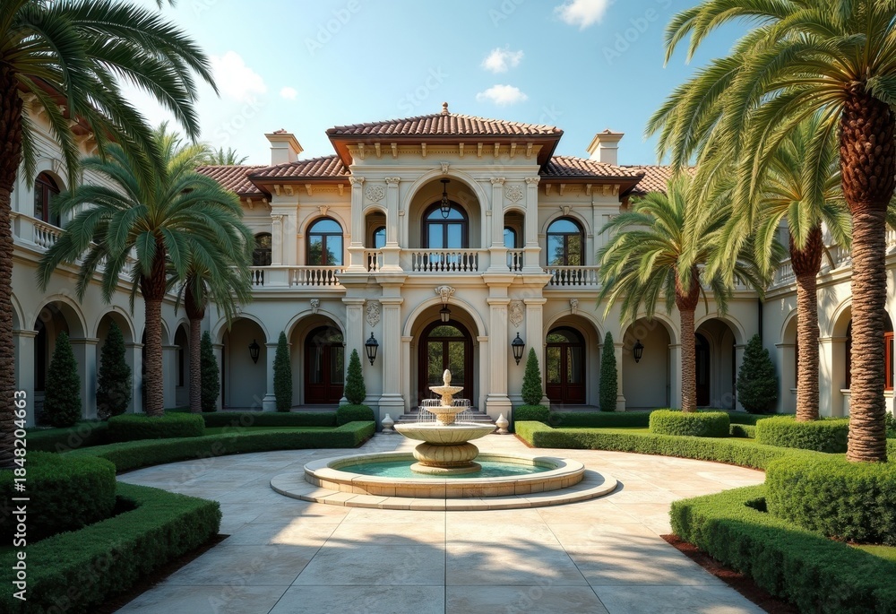 Obraz premium Opulent Mansion with Lush Manicured Garden Spectacular Palm Trees Decorative Fountain