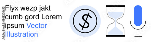 Finance, time tracking, communication tools, productivity, audio management, and digital tools. Dollar symbol, hourglass and microphone icons. Finance and time tracking concept