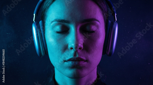 Young woman immersed in music through modern headphones, expressing a captivating blend of lifestyle and entertainment during her personal technology-driven sound experience.