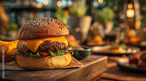 A mouth-watering cheeseburger with lettuce and tomato, set against a warm, inviting background filled with bokeh lights.