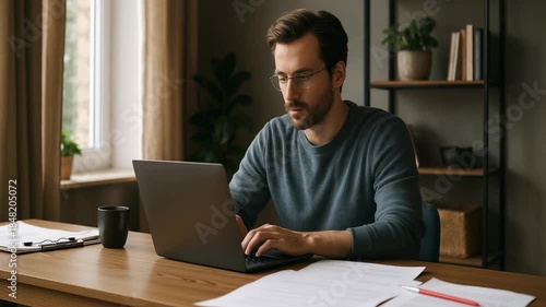 Wallpaper Mural man works on his laptop at desk, focusing on his task and productivity. modern office and digital work environments. person uses laptop for professional tasks in home office, remote working culture. Torontodigital.ca