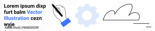Creativity, technology, brainstorming, innovation, digital design, cloud computing. A pen drawing, gear symbol and cloud illustration. Creativity and technology concept for design and computing