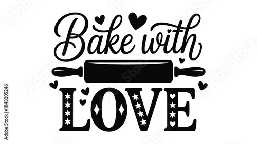 Bake with love typography with rolling pin and hearts