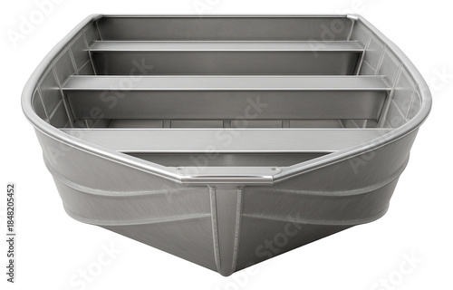Flat-bottom aluminum boat with bench seats and transom mount.