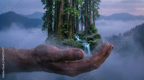 Nurturing the Green Forest Waterfall Amidst Summer's Blossom - A Concept of Ecological Growth and Nature's Renewal