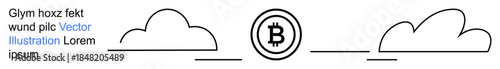 Blockchain technology, cryptocurrency, finance, decentralized systems, fintech, digital economy. Central Bitcoin symbol with clouds. Cryptocurrency and blockchain technology concept