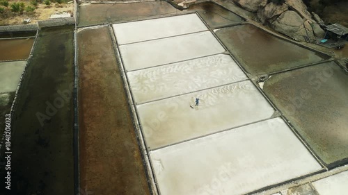 Drone view of geometric salt evaporation ponds with small worker raking crystals. Minimal industrial landscape showing traditional sea salt production patterns and shallow water basins.