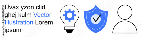 Cybersecurity, innovation, identification, technology, safety, data protection. Blue shield with tick, lightbulb with gear and user icon. Cybersecurity and innovation concept