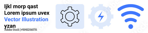 Gear indicating settings, power bolt in gear symbolizing energy or system optimization, wireless signal for connectivity. Ideal for technology, IoT, innovation, energy efficiency, digital tools