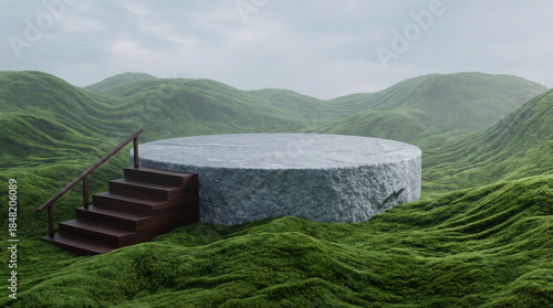 Grassy hill with a stone table in the lush meadow, framed by towering mountains and a clear blue summer sky - A serene landscape of pure nature.
