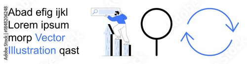 Business strategy, data growth, search optimization, analytics, technology, workflow automation. Man climbing on charts with search icon, magnifying glass circular arrows. Business strategy and data