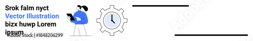 Time management, workflow, productivity, data analysis, teamwork, efficiency. Female figure holding a tablet next to a gear and clock. Time management and workflow concept