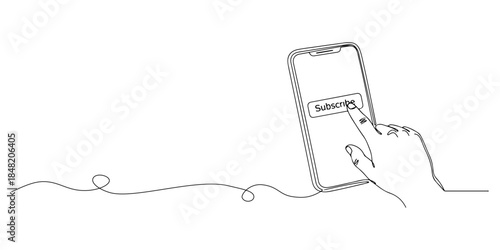 Continuous one line of a hand tapping the subscribe button on a smartphone, representing a digital subscription service, hand drawn vector illustration.