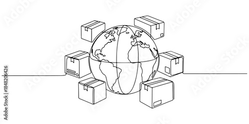 Continuous one line of a globe surrounded by subscription boxes, representing international subscription services, hand drawn vector illustration.