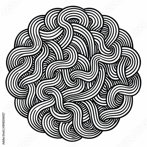 Black and white abstract circular pattern of intertwined wavy lines on a white background Keywords: abstract, art, black and white, circular