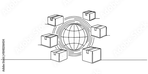 Continuous one line of a globe surrounded by subscription boxes, representing international subscription services, hand drawn vector illustration.
