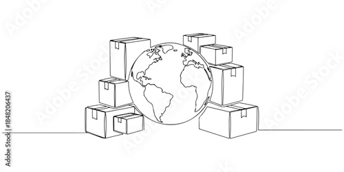 Continuous one line of a globe surrounded by subscription boxes, representing international subscription services, hand drawn vector illustration.