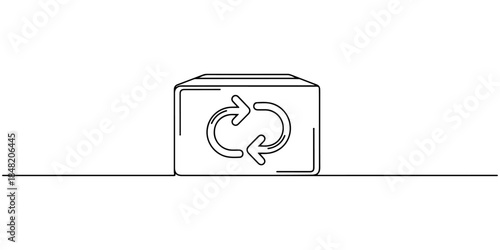 Continuous one line of a package with repeating circle icon, representing automatic subscription fulfillment, hand drawn vector illustration.