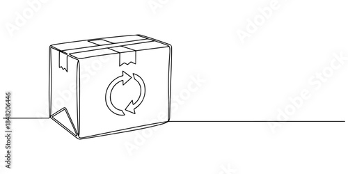 Continuous one line of a package with repeating circle icon, representing automatic subscription fulfillment, hand drawn vector illustration.