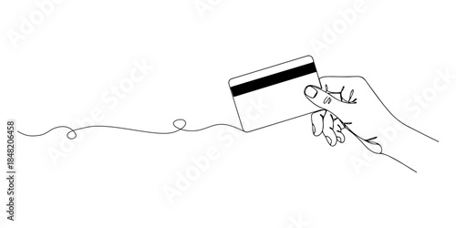 Continuous one line of a hand holding a subscription card, representing easy subscription registration, hand drawn vector illustration.