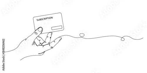 Continuous one line of a hand holding a subscription card, representing easy subscription registration, hand drawn vector illustration.