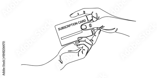 Continuous one line of a hand holding a subscription card, representing easy subscription registration, hand drawn vector illustration.
