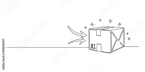 Continuous one line of a packaging with glitter and arrows, representing a high quality subscription product, hand drawn vector illustration.