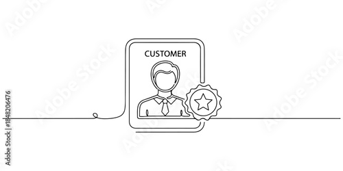 Continuous one line of a customer profile with star badge, representing valuable customer experience, hand drawn vector illustration.