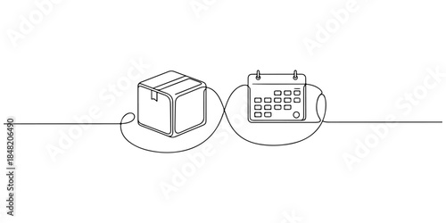 Continuous one line of a box and calendar connected to each other, representing a recurring subscription cycle, hand drawn vector illustration.