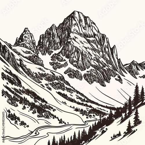 Black and White Sketch of a Majestic Mountain Range with a Winding Path and Pine Trees Keywords: mountain, range, landscape, sketch, drawing