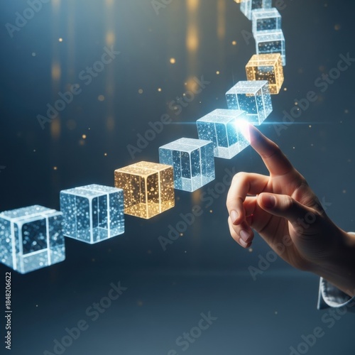 Digital blockchain technology connecting cubes with human interaction