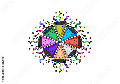 Circular arrangement of colorful party poppers with exploding confetti and streamers. A festive vector illustration design for celebrations.