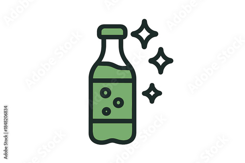 Green bottle with bubbles and sparkles icon