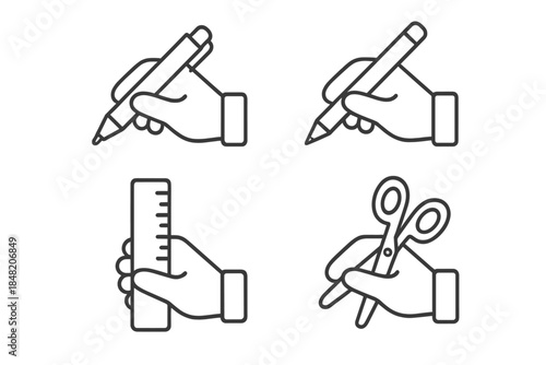 Set of four hand icons with writing and measuring tools