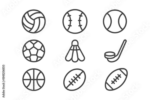 Set of nine sport balls and equipment icons on a dark background