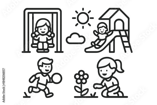 Children playing in a playground with swings and slide